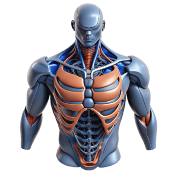 wonderful baroque Professional render, ultra-detailed, photorealistic biomechanical torso with exposed internal framework with Transparent Background high quality png