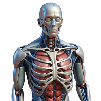 immaculate iconic Professional render, ultra-detailed, photorealistic biomechanical torso with exposed internal framework with Transparent Background png