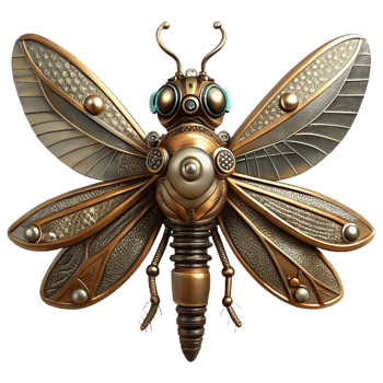 pristine bold artistic Steampunk dragonfly automaton with delicate metal wings and gears with Transparent Background sharp png