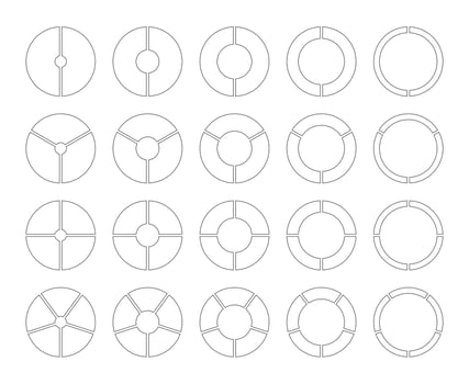 Circle division on 2, 3, 4, 5 equal parts. Wheel round divided black diagrams with segments. Pie, pizza chart icon. Set of infographics. Coaching blanks. Section graph line art. Outline donut charts. vector