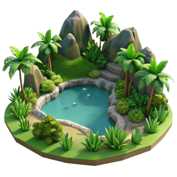 extraordinary minimalist Summer Lake Landscape with Lush Greenery Isolated professional png
