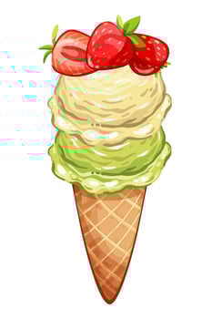 Ice cream cone with two scoop and strawberry filling in cartoon style, yellow and green balls in waffle isolated on white background, Sweet summer dessert illustration from constructor set for design vector