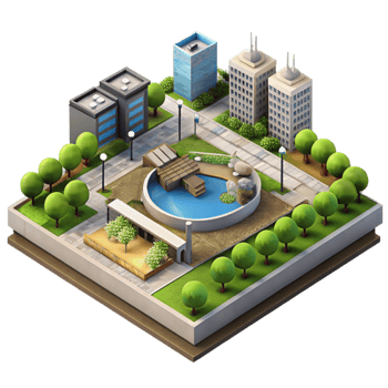 serene traditional Sustainable City Park Isometric View Cutout original png