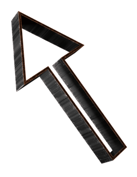Black metallic arrow rendered in 3D, isolated on transparent background. Arrow symbol png