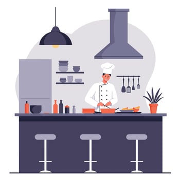 Chef in a modern kitchen preparing gourmet dishes, minimalist design, vibrant colors, warm atmosphere, illustration vector