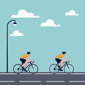 Two cyclists in bright yellow jerseys riding on a sunny road, showcasing a flat design style in vibrant art vector