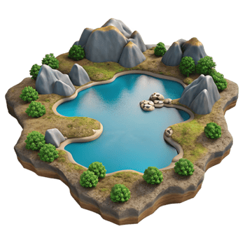 dramatic traditional Top View Lake Landscape with Green Hills Isolated high quality png