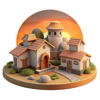 vibrant minimalist Tranquil Village Scene Cutout Isolated Vespera Sunset png