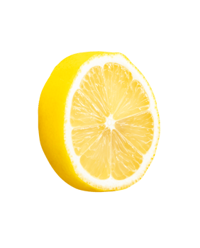 Front view of ripe yellow lemon fruit in single circle slice isolated with clipping path in file format png