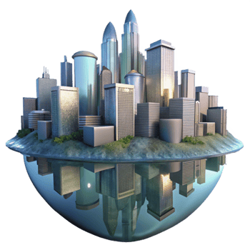 serene artistic Twilight City Reflections in Water Transparent Background detailed png