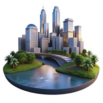 magnificent rustic Twilight Cityscape Panorama with River Cutout detailed png