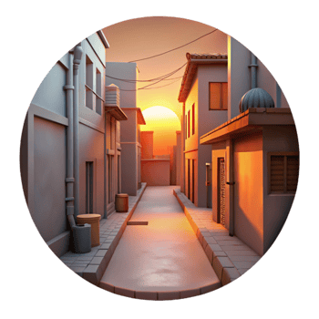 vibrant traditional Urban Alleyway at Sunset Cutout with Warm Orange Glow high quality png