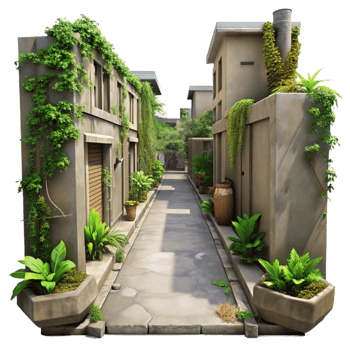 vibrant minimalist Urban Alleyway with Overgrown Plants Cutout high quality png