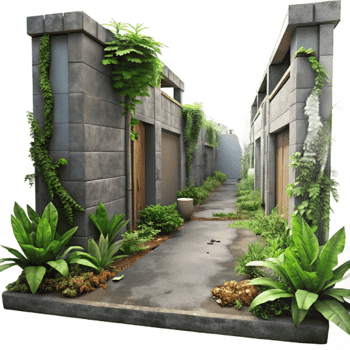 stunning contemporary Urban Alleyway with Overgrown Plants Cutout high quality png