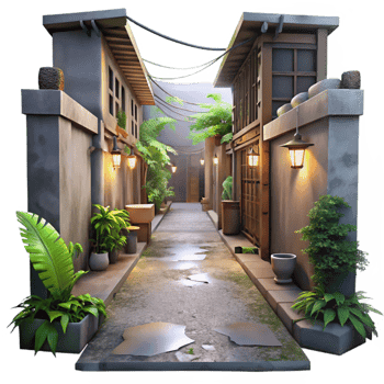 extraordinary rustic Urban Jungle Alleyway Transparent Background Dim Lighting exclusive png