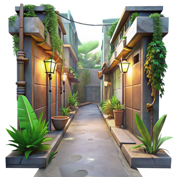 impressive abstract Urban Jungle Alleyway Transparent Background Dim Lighting high resolution png