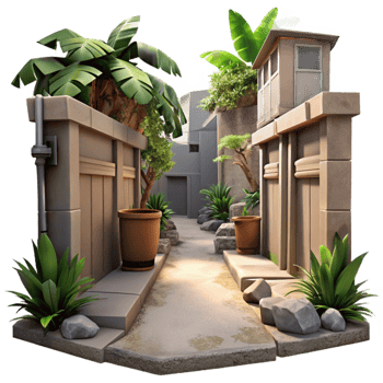 serene contemporary Urban Jungle Alleyway Scene Cutout Dim Lighting detailed png