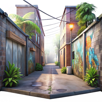 serene traditional Urban Jungle Alleyway with Graffiti Transparent Background high resolution png