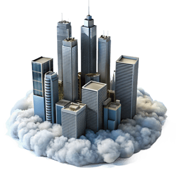 impressive creative Urban Skyscrapers Isolated Above the Clouds Transparent Background original png