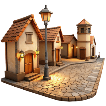 vibrant contemporary Vespera Town at Dusk Isolated Cutout with Warm Yellow Light detailed png