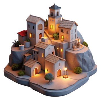 dramatic creative Vespera Village at Dusk Cutout Softly Lit Hillside Scene professional png
