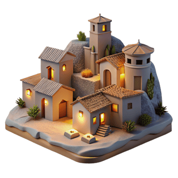 vibrant abstract Vespera Village at Dusk Cutout Softly Lit Hillside Scene detailed png