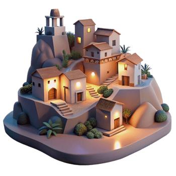 dramatic traditional Vespera Village at Dusk Cutout Softly Lit Hillside Scene detailed png