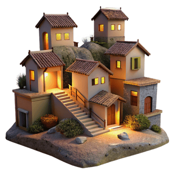 vibrant contemporary Vespera Village Cutout Tranquil Evening Hillside Landscape detailed png