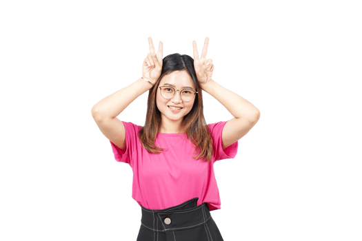 A woman in pink shirt and black skirt making a peace sign png