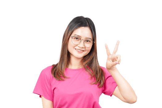 A woman in a pink shirt and glasses making the peace sign png