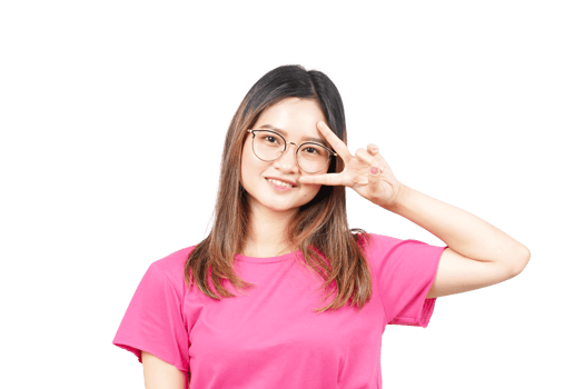 A woman in pink shirt and glasses making the peace sign png