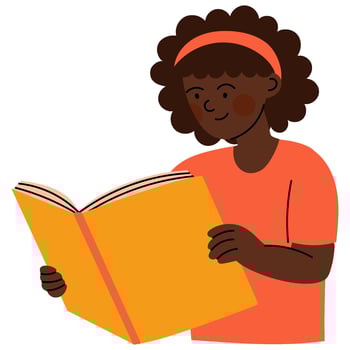 Dark skin girl reading a book. Learning and education in childhood. vector