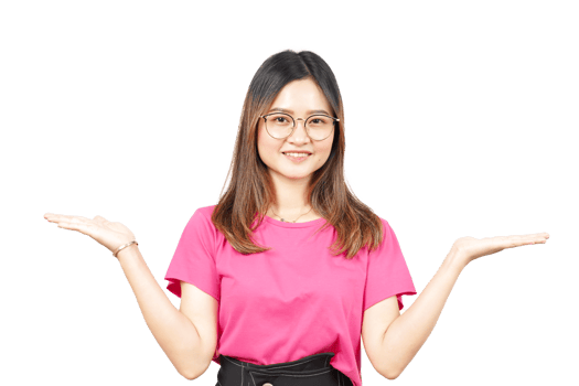 A woman in glasses and a pink shirt is holding something out png