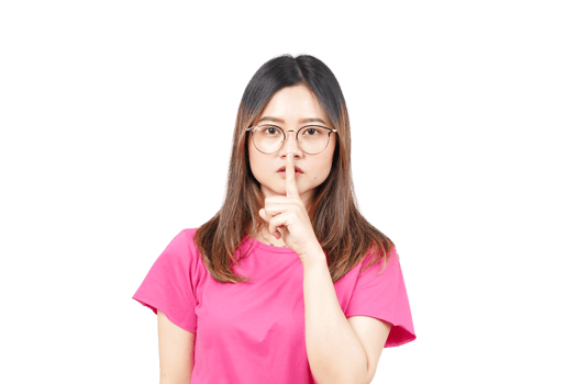 A woman in glasses is holding her finger to her mouth png