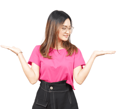A woman in pink shirt and black skirt holding up her hands png