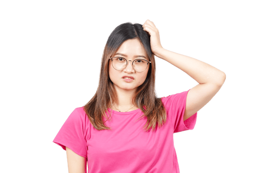 A woman in pink shirt and glasses holding her head png