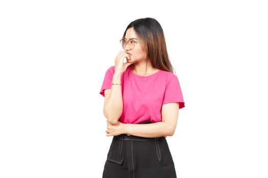 A woman in a pink shirt and black pants png