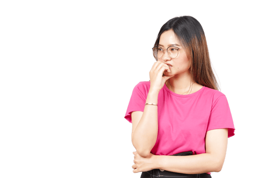 A woman in a pink shirt is holding her hand to her mouth png