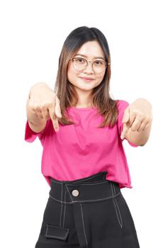 A woman in glasses and a pink shirt pointing at something png
