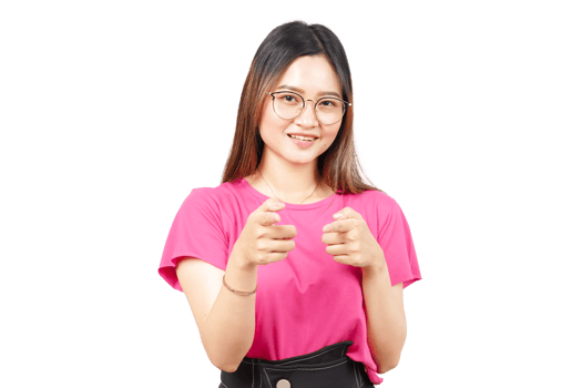 A woman in glasses is pointing at something png
