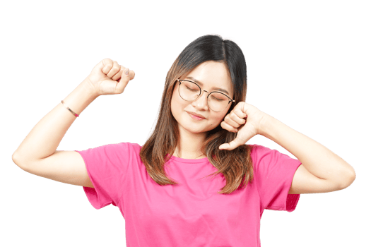 A woman in a pink shirt and glasses is flexing her arms png
