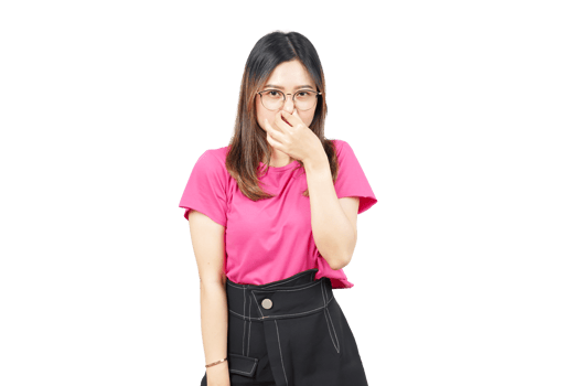 A woman in pink shirt covering her mouth with her hand png