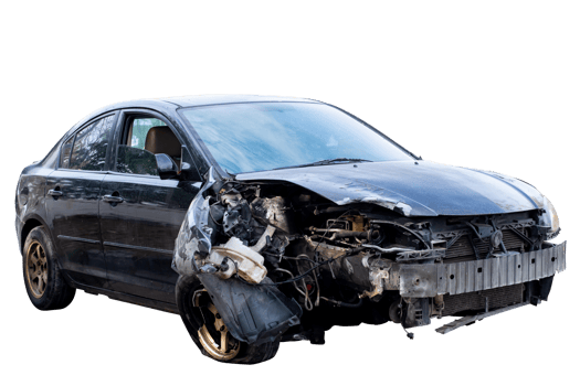Car crash, Front view of modern black sedan car get damaged by accident on the road. damaged cars after collision. isolated on transparent background, File png
