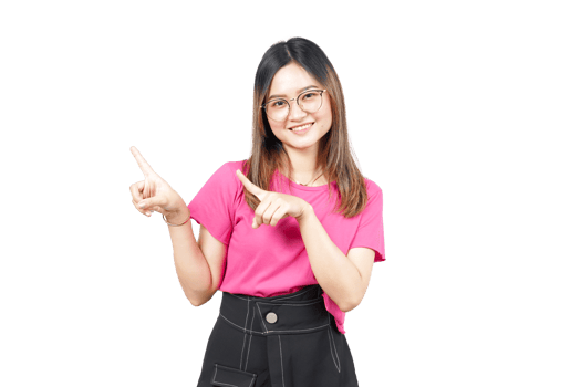 A woman in pink shirt and black skirt pointing at something png
