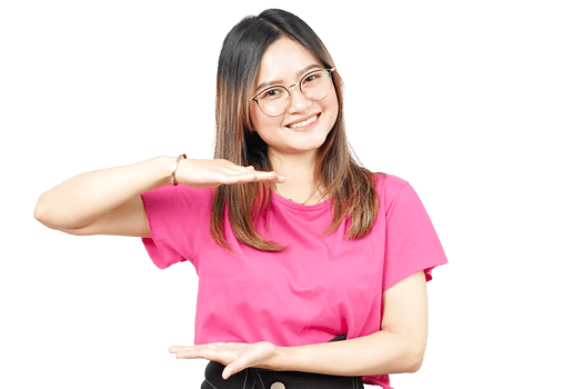 A woman in pink shirt and glasses is showing something png