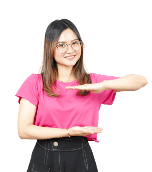 A woman in pink shirt and black skirt showing her hands png