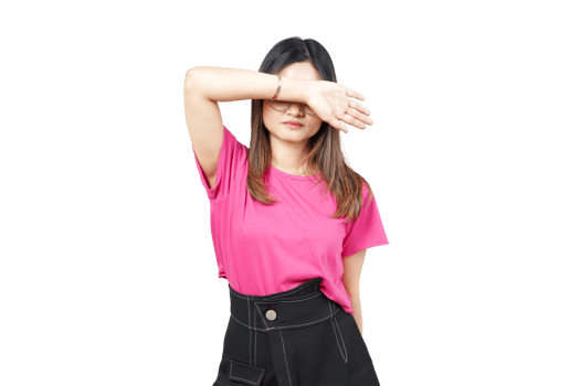 A woman in a pink shirt covering her eyes png