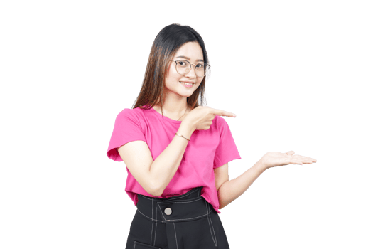 A woman in pink shirt and black skirt holding something png
