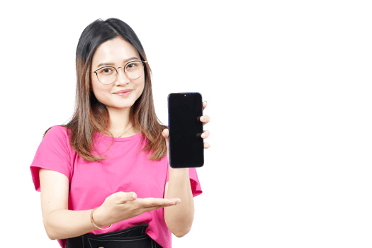 A woman holding up a smartphone with a blank screen png