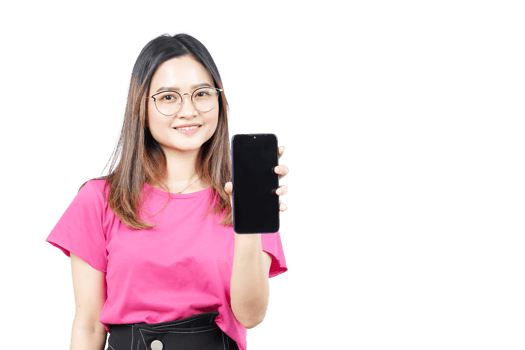 A woman holding up a smartphone with a pink shirt png